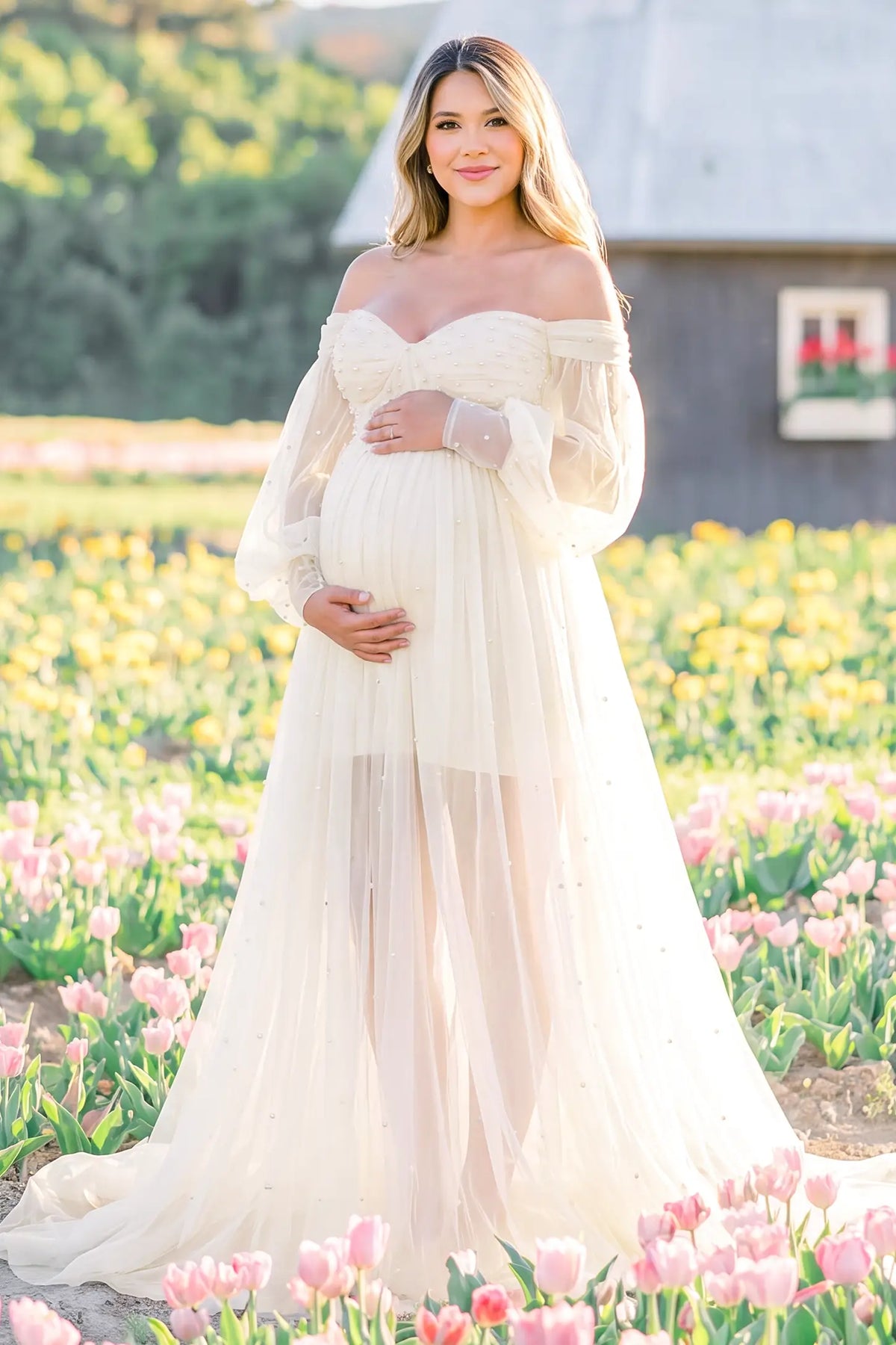 Luna Off-Shoulder Tulle Maternity Gown with Empire Waist