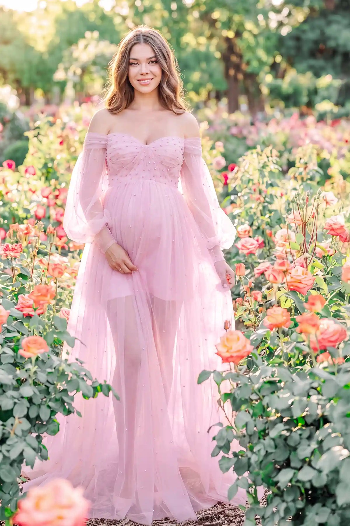 Luna Off-Shoulder Tulle Maternity Gown with Empire Waist