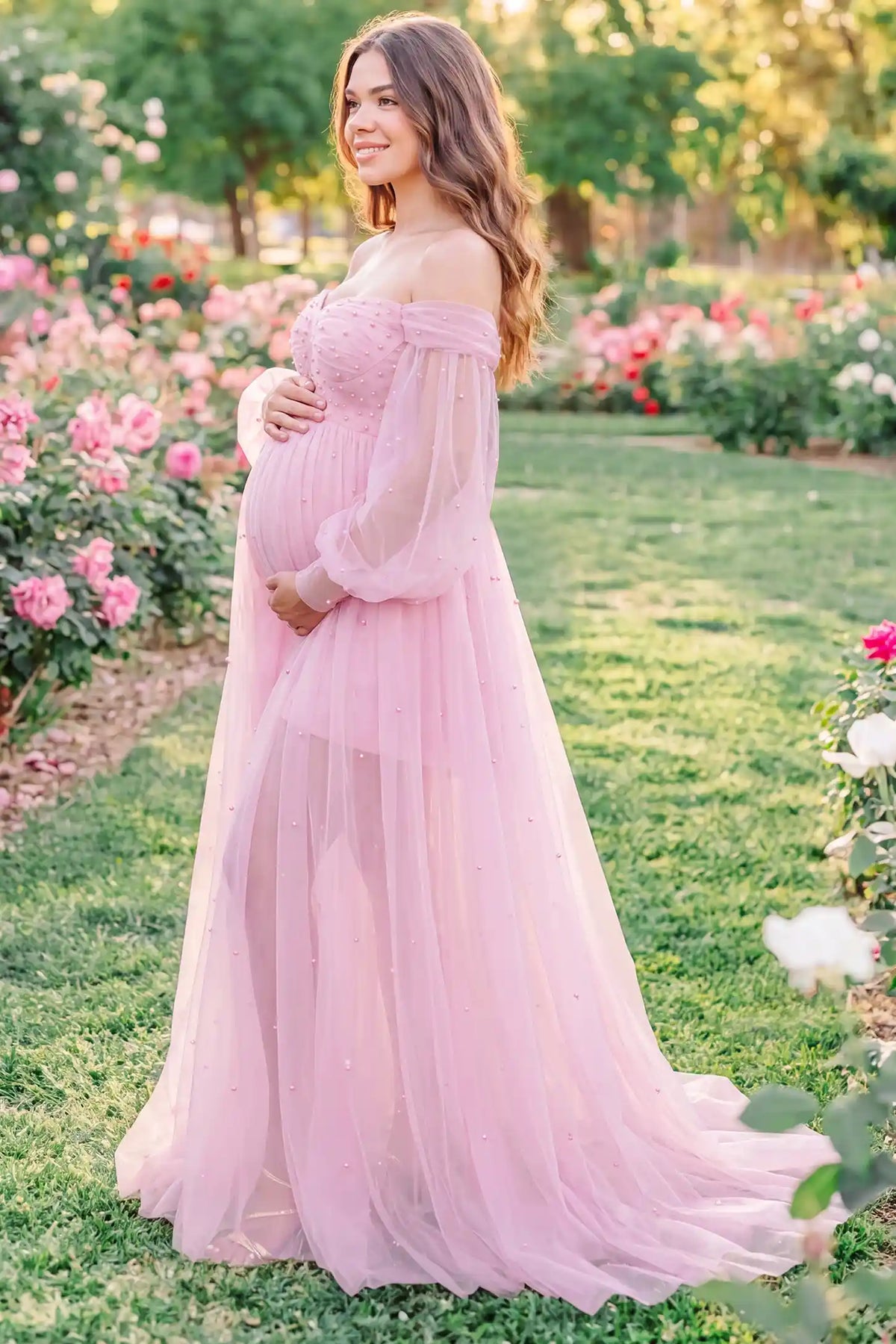 Luna Off-Shoulder Tulle Maternity Gown with Empire Waist