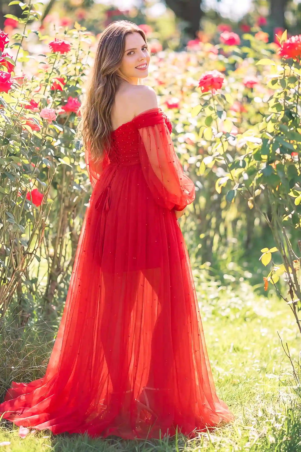 Luna Off-Shoulder Tulle Maternity Gown with Empire Waist