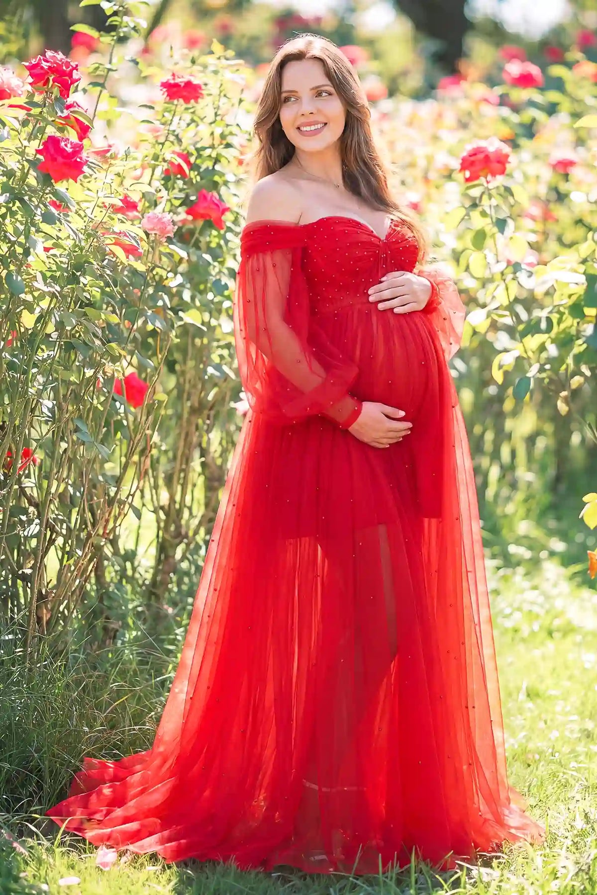 Luna Off-Shoulder Tulle Maternity Gown with Empire Waist