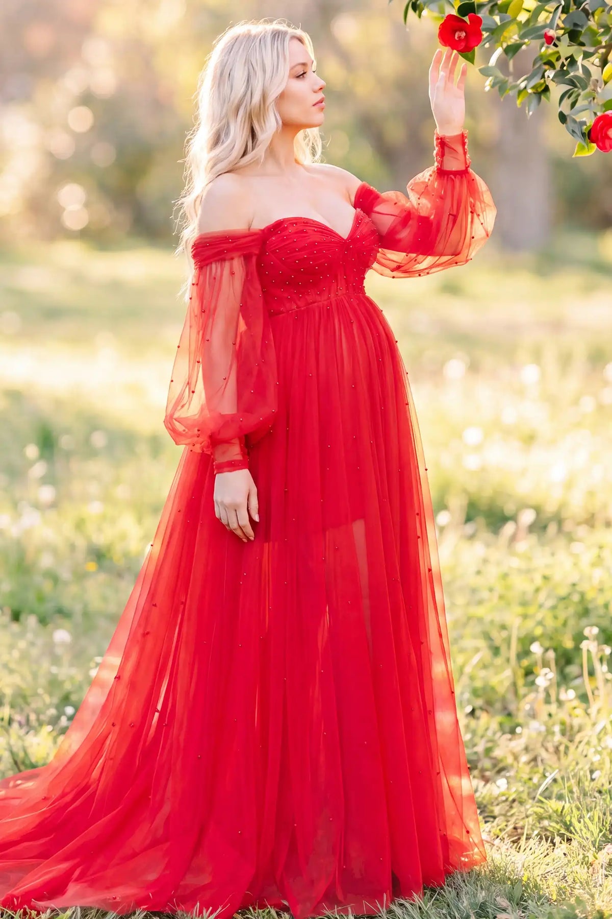 Luna Off-Shoulder Tulle Maternity Gown with Empire Waist
