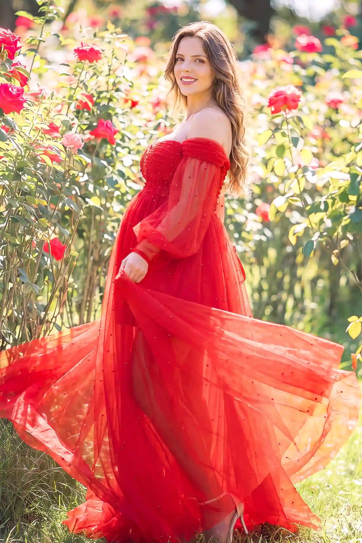 Luna Off-Shoulder Tulle Maternity Gown with Empire Waist