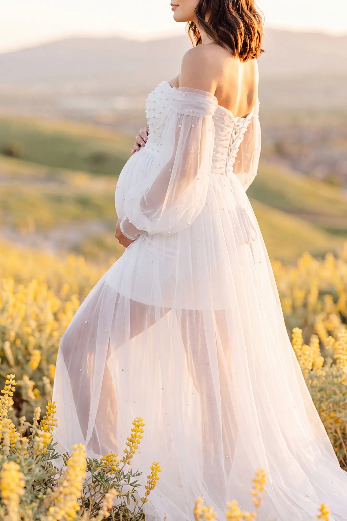 Luna Off-Shoulder Tulle Maternity Gown with Empire Waist