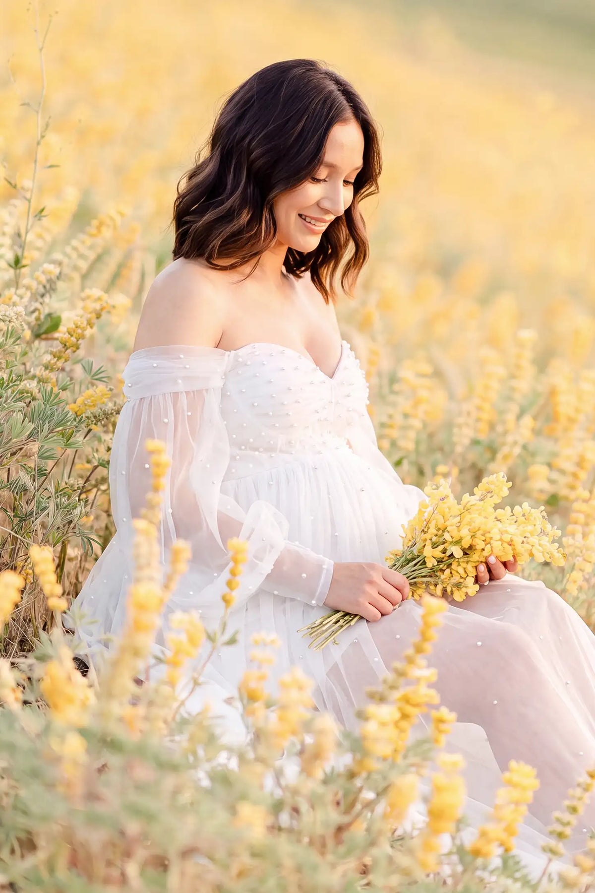 Luna Off-Shoulder Tulle Maternity Gown with Empire Waist