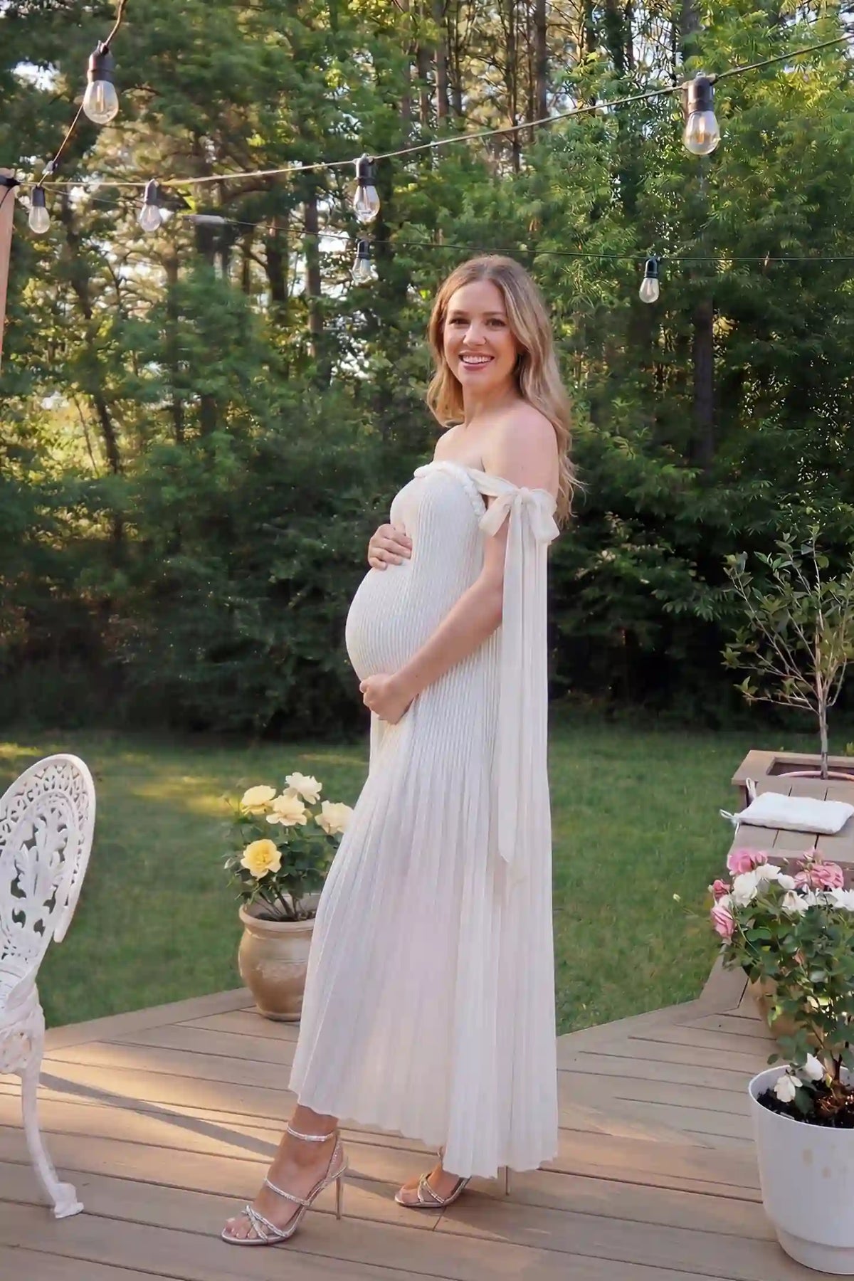 Starlight Pleated Cold-Shoulder Maternity Maxi Gown
