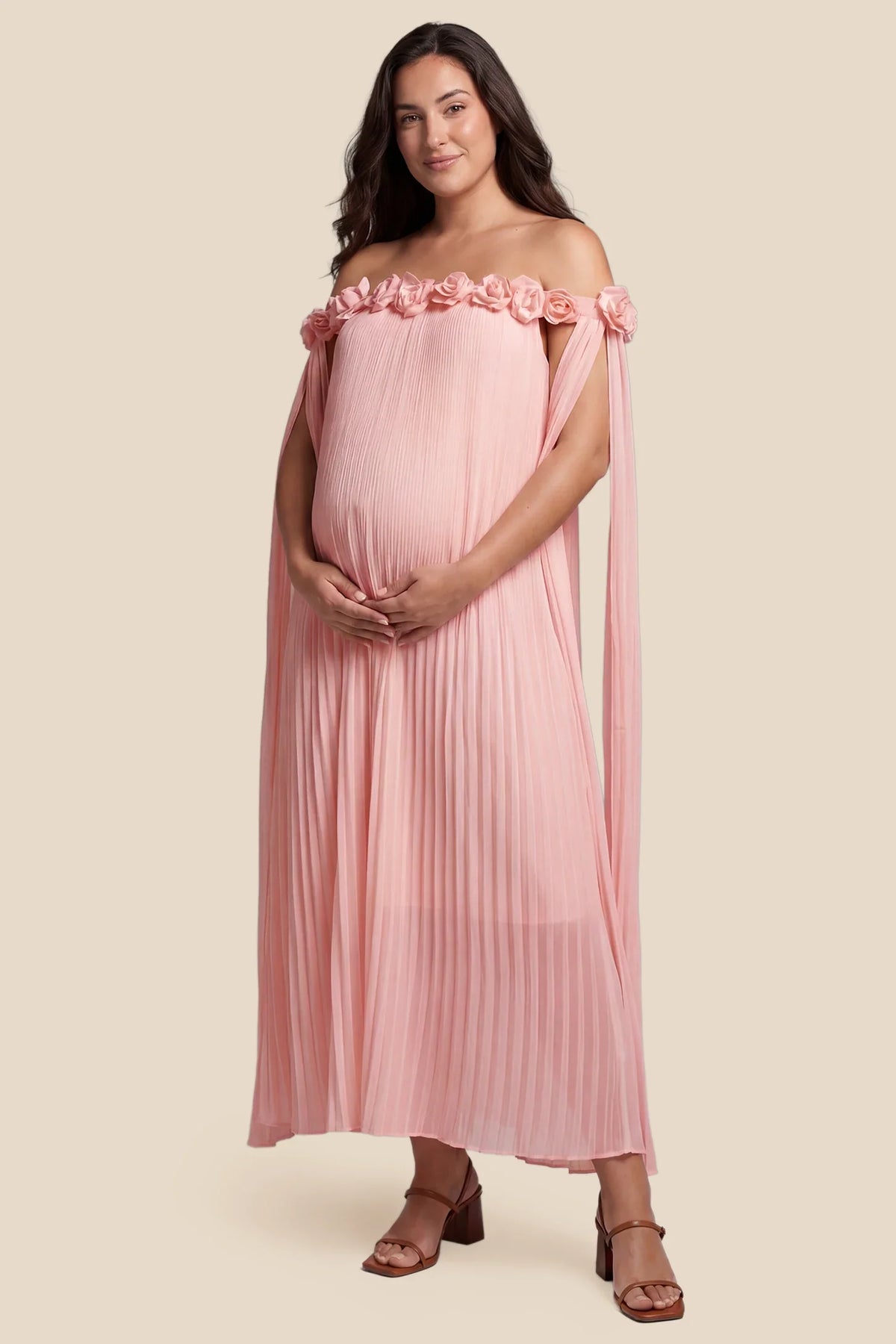 Blossom Pleated Off-Shoulder Maternity Gown with Rosette Trim