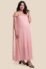 Blossom Pleated Off-Shoulder Maternity Gown with Rosette Trim