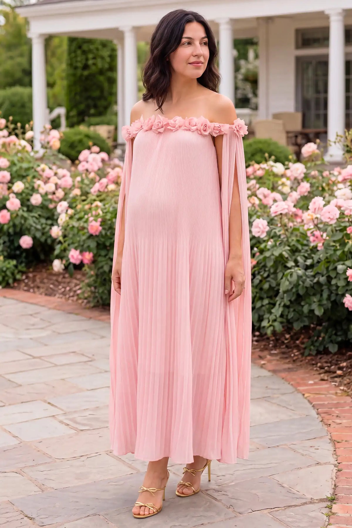 Blossom Pleated Off-Shoulder Maternity Gown with Rosette Trim