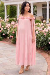 Blossom Pleated Off-Shoulder Maternity Gown with Rosette Trim