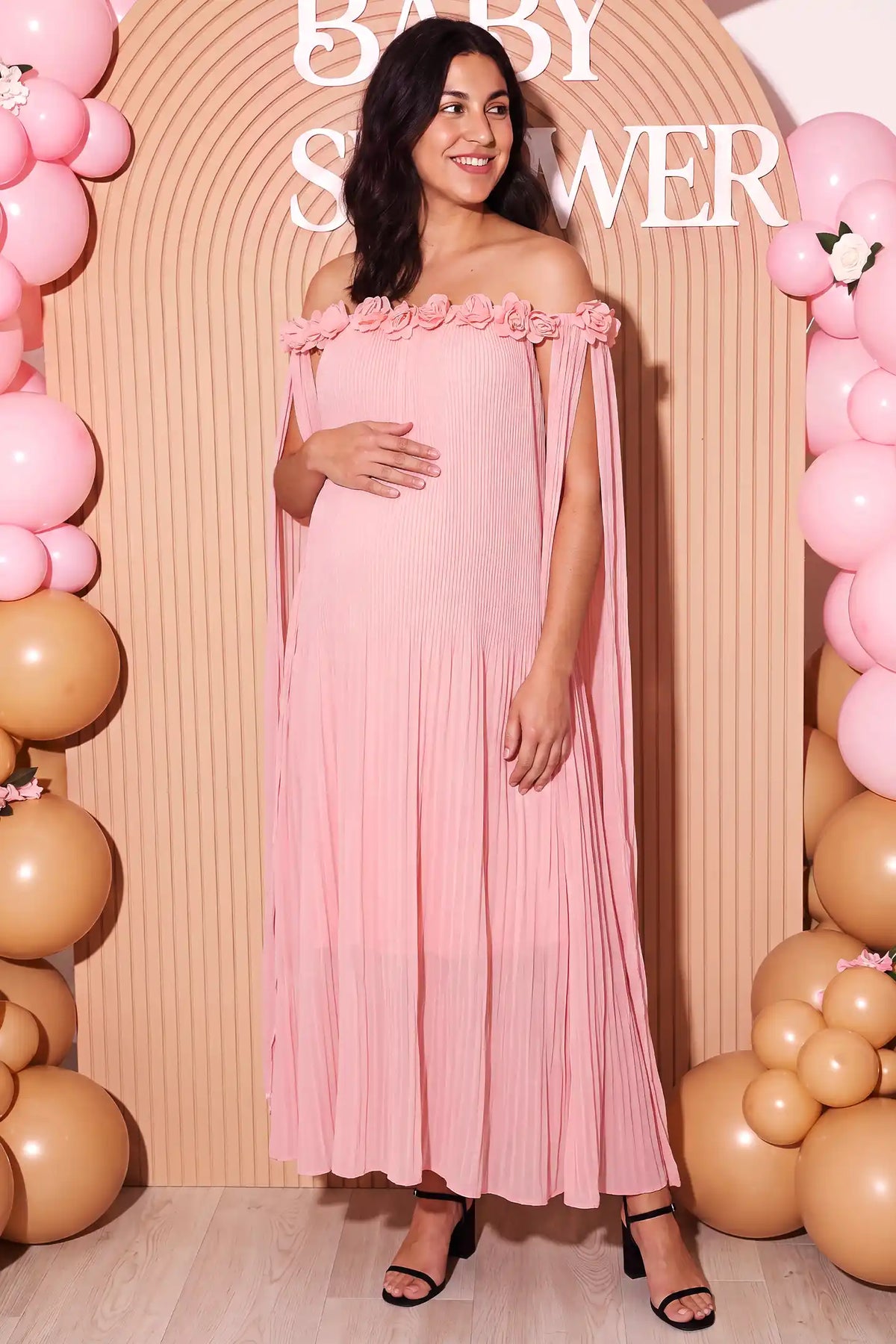 Blossom Pleated Off-Shoulder Maternity Gown with Rosette Trim