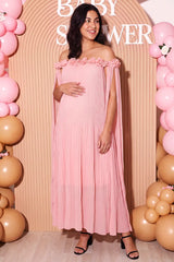 Blossom Pleated Off-Shoulder Maternity Gown with Rosette Trim