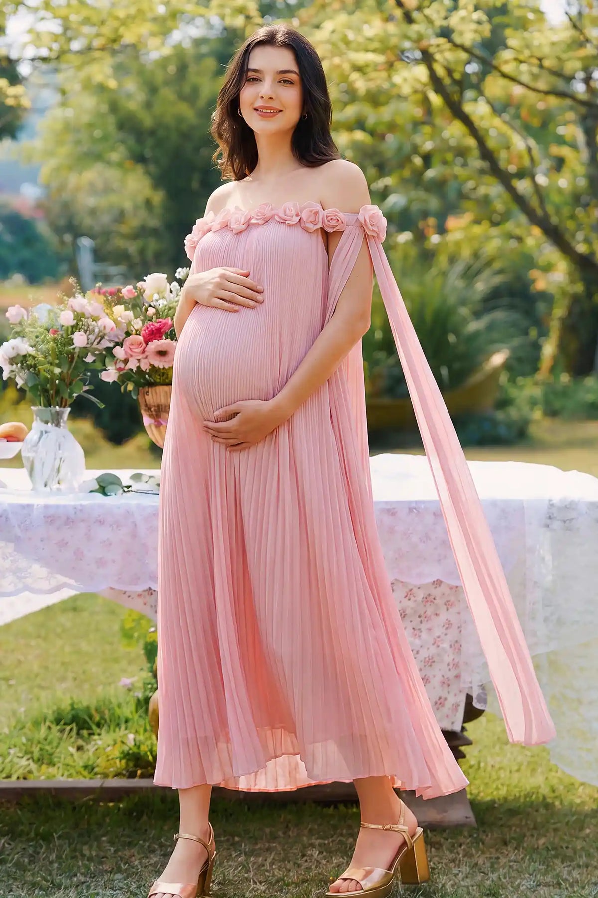 Blossom Pleated Off-Shoulder Maternity Gown with Rosette Trim