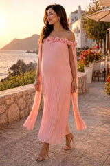 Blossom Pleated Off-Shoulder Maternity Gown with Rosette Trim