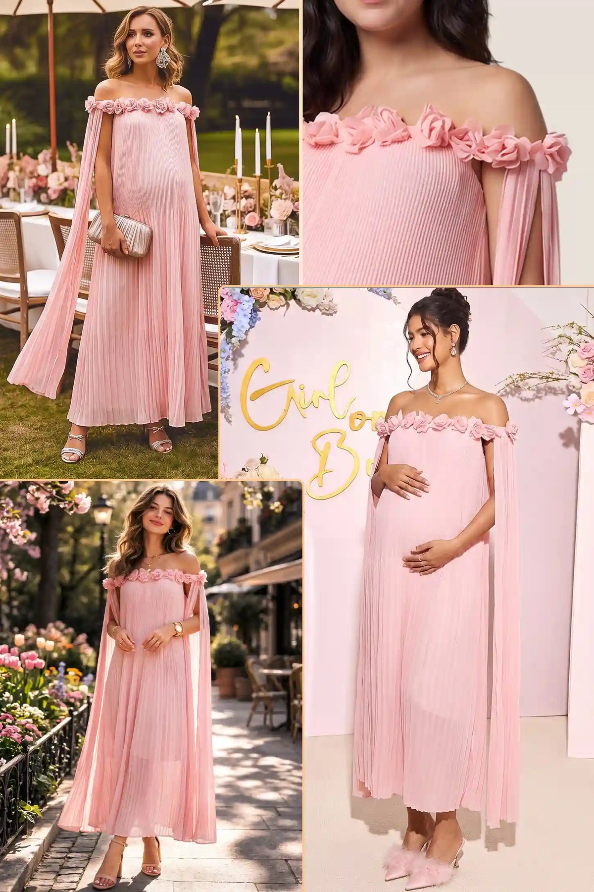 Blossom Pleated Off-Shoulder Maternity Gown with Rosette Trim