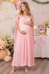 Blossom Pleated Off-Shoulder Maternity Gown with Rosette Trim