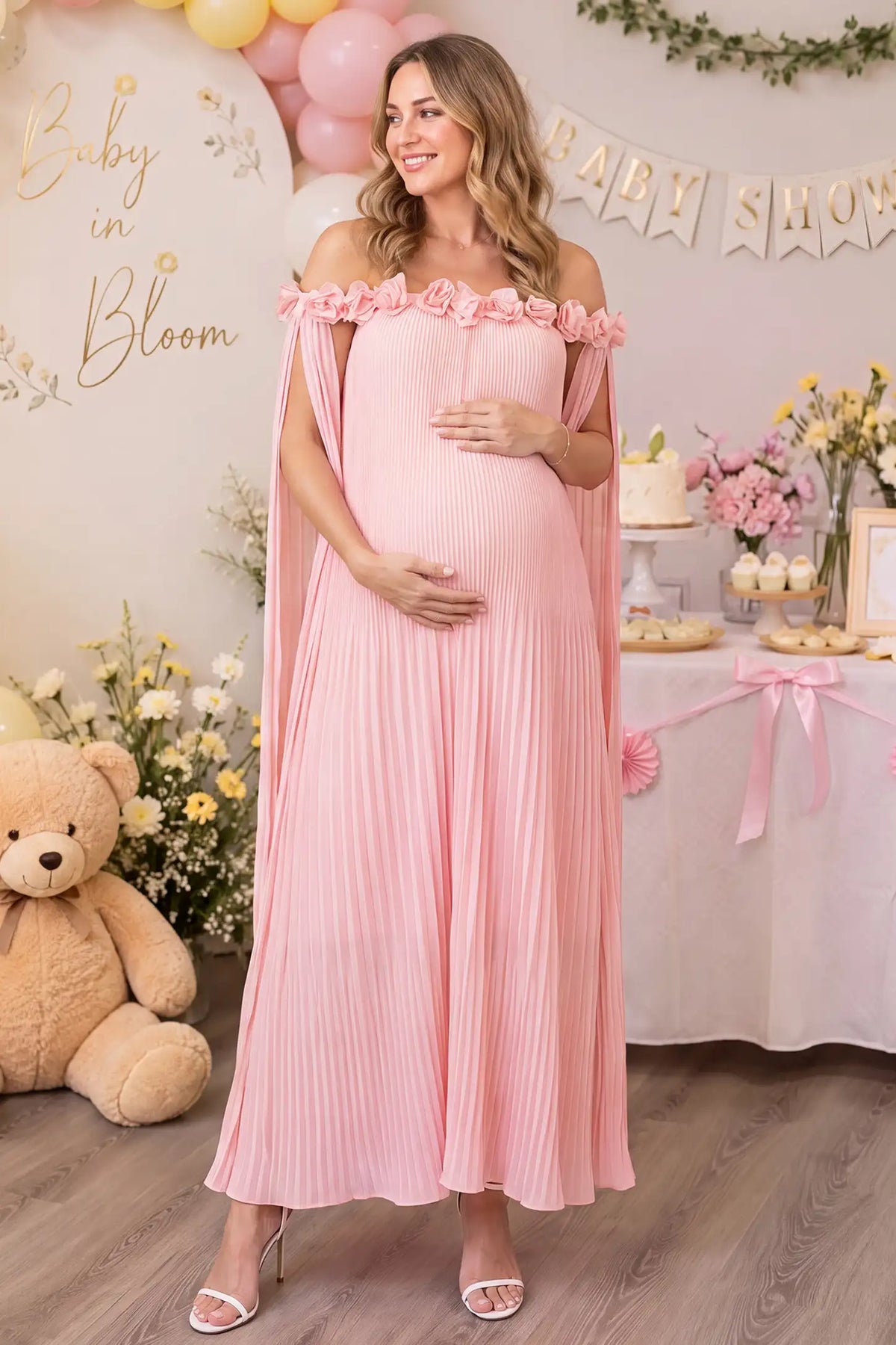 Blossom Pleated Off-Shoulder Maternity Gown with Rosette Trim