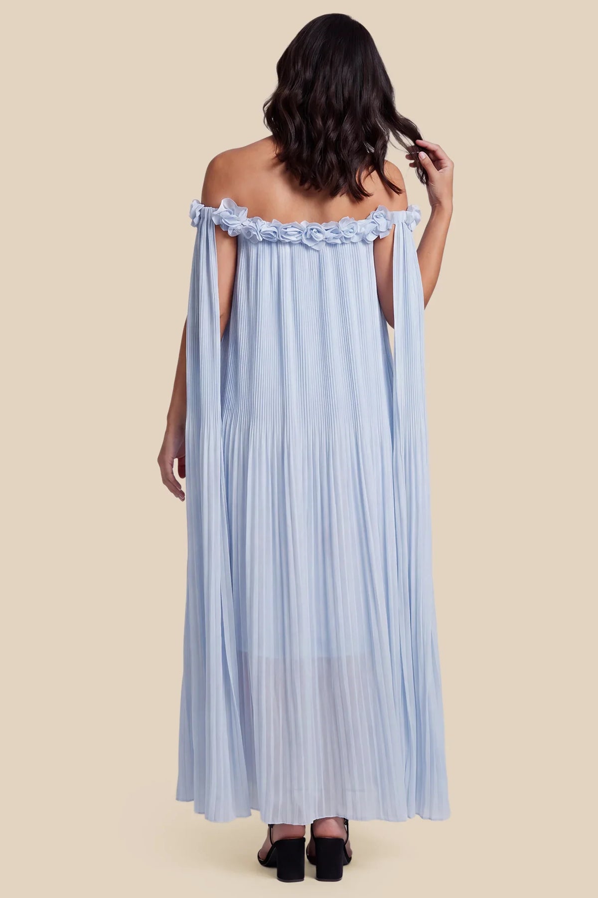 Blossom Pleated Off-Shoulder Maternity Gown with Rosette Trim