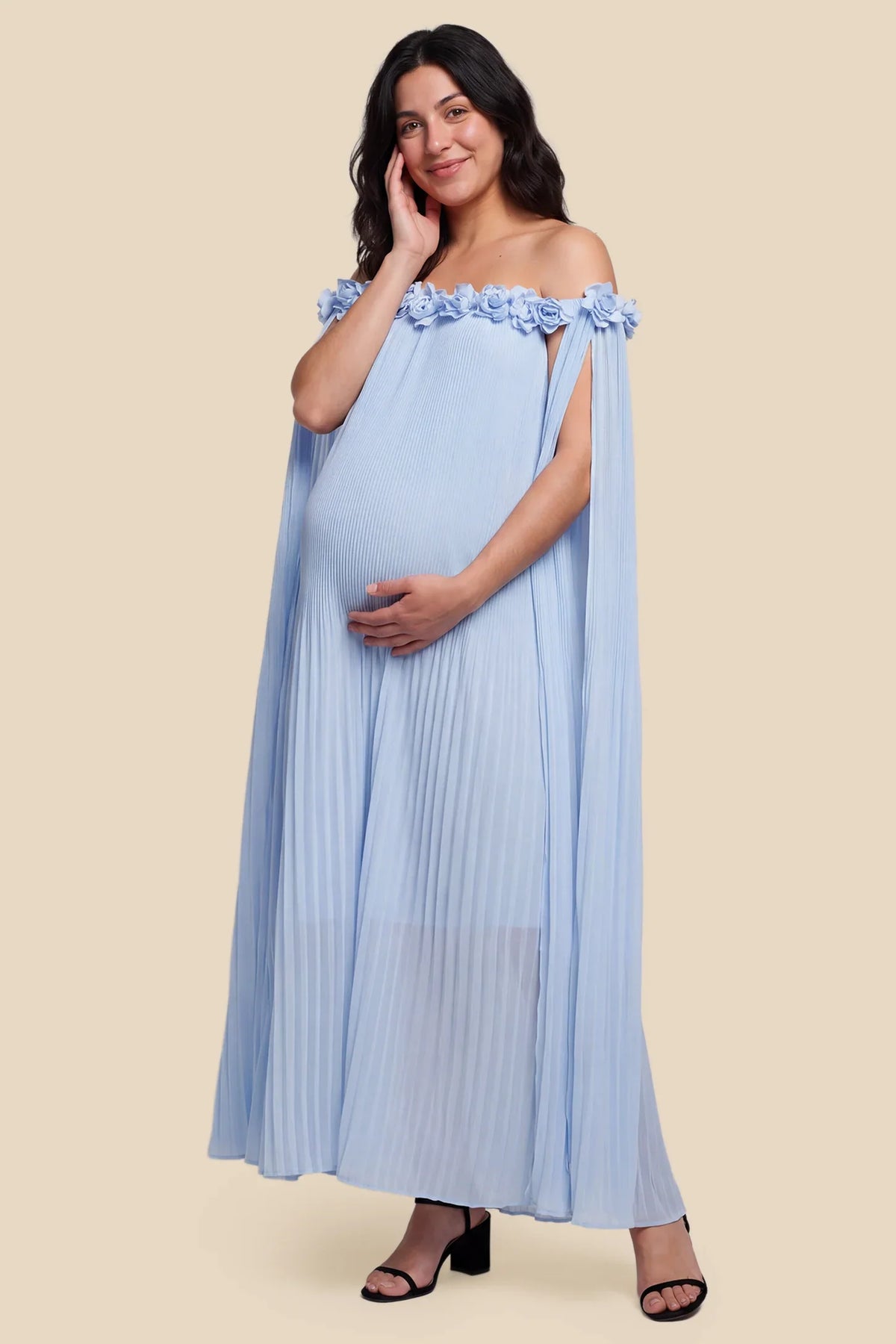 Blossom Pleated Off-Shoulder Maternity Gown with Rosette Trim