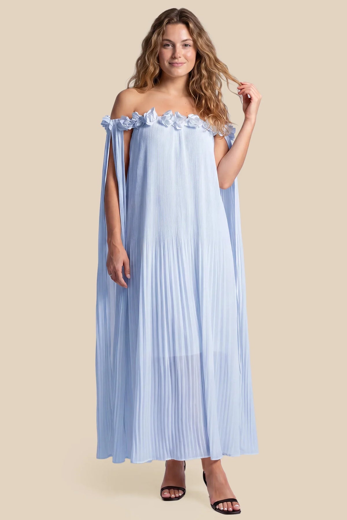 Blossom Pleated Off-Shoulder Maternity Gown with Rosette Trim