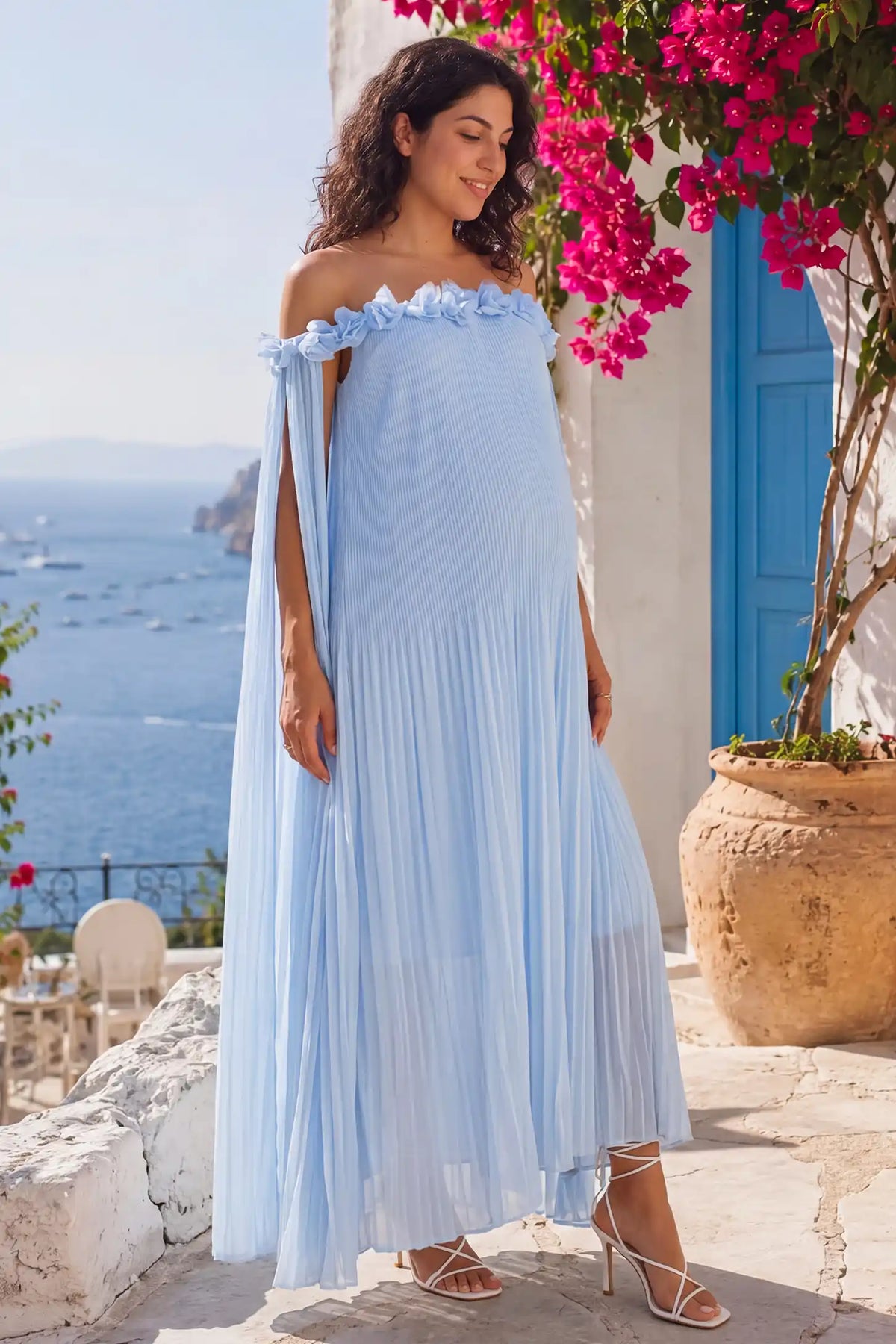 Blossom Pleated Off-Shoulder Maternity Gown with Rosette Trim