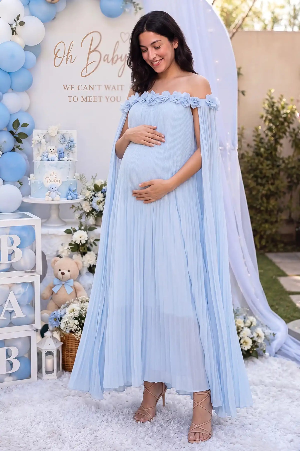 Blossom Pleated Off-Shoulder Maternity Gown with Rosette Trim