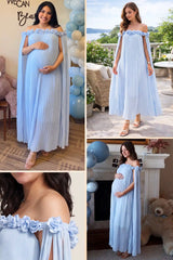 Blossom Pleated Off-Shoulder Maternity Gown with Rosette Trim