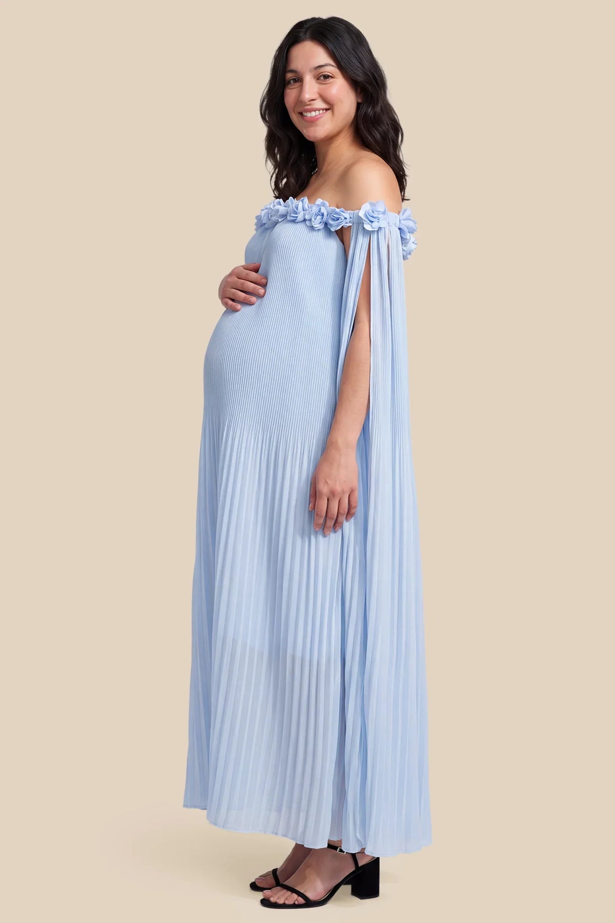 Blossom Pleated Off-Shoulder Maternity Gown with Rosette Trim