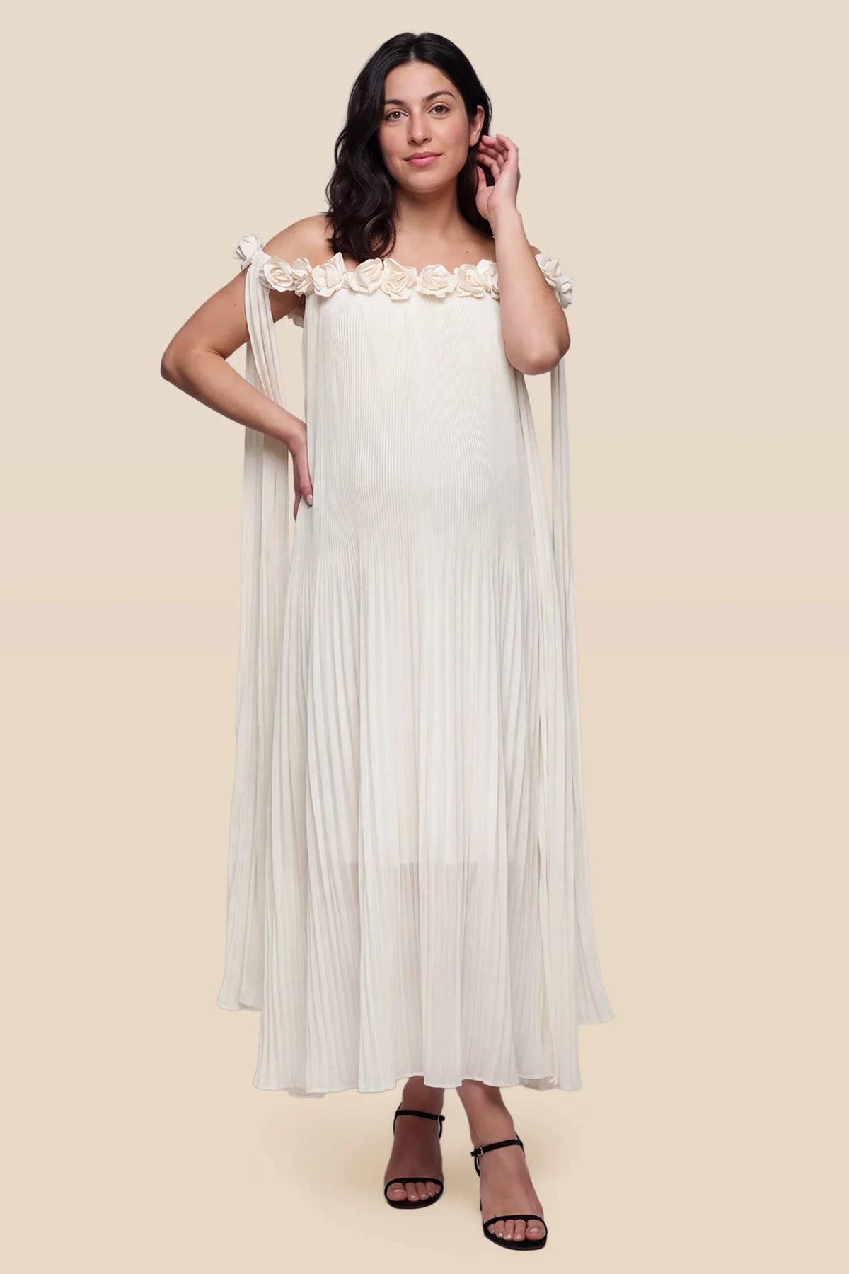 Blossom Pleated Off-Shoulder Maternity Gown with Rosette Trim