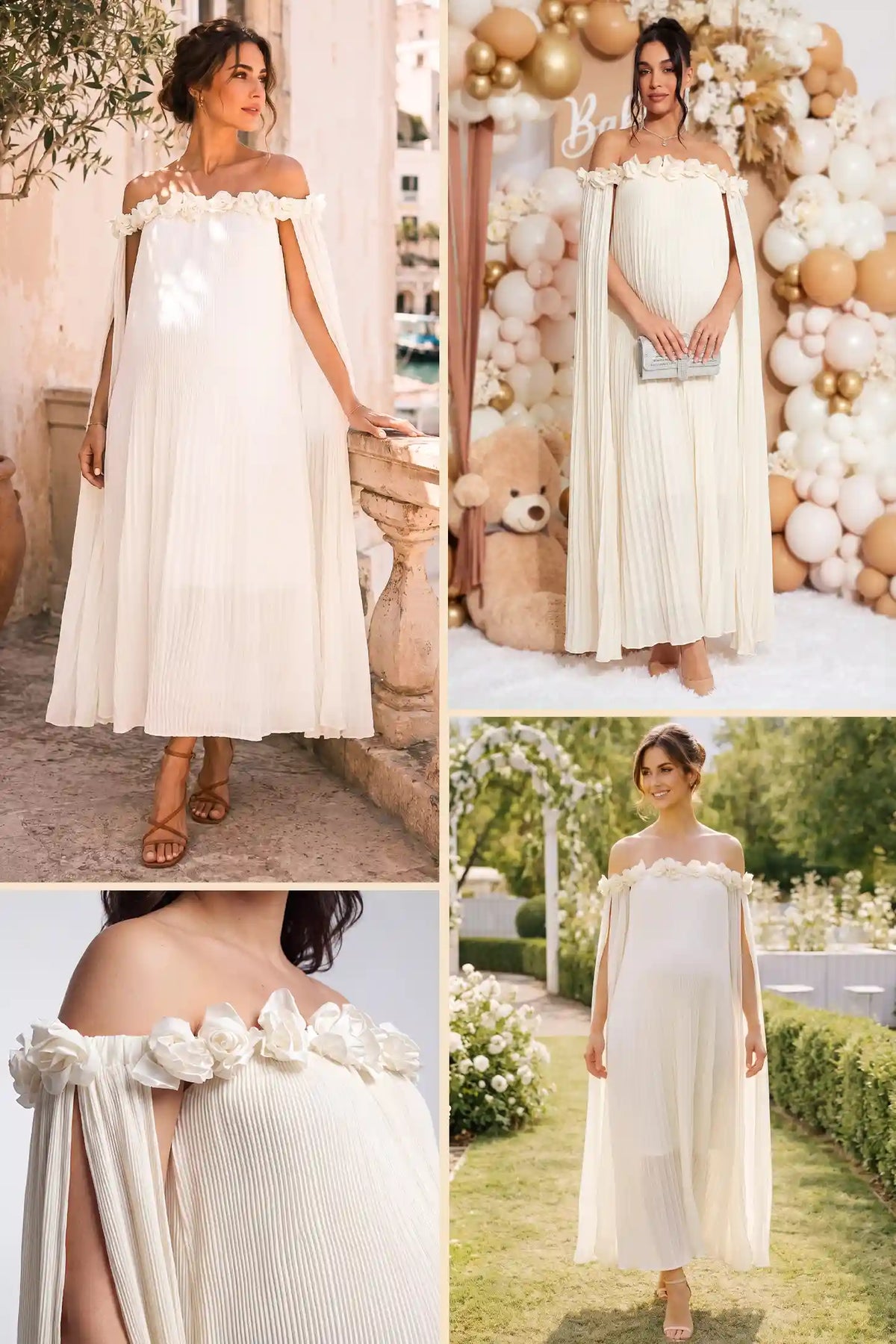 Blossom Pleated Off-Shoulder Maternity Gown with Rosette Trim