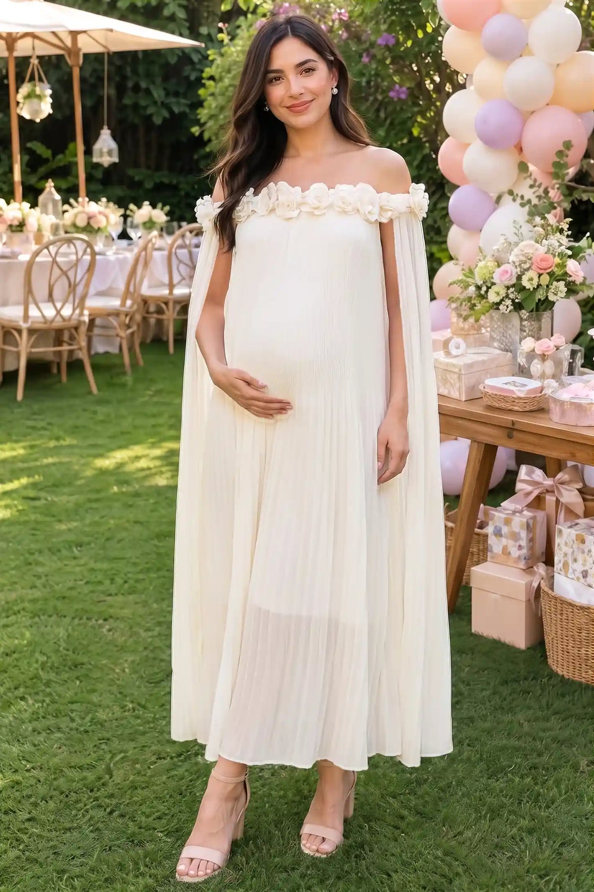 Blossom Pleated Off-Shoulder Maternity Gown with Rosette Trim