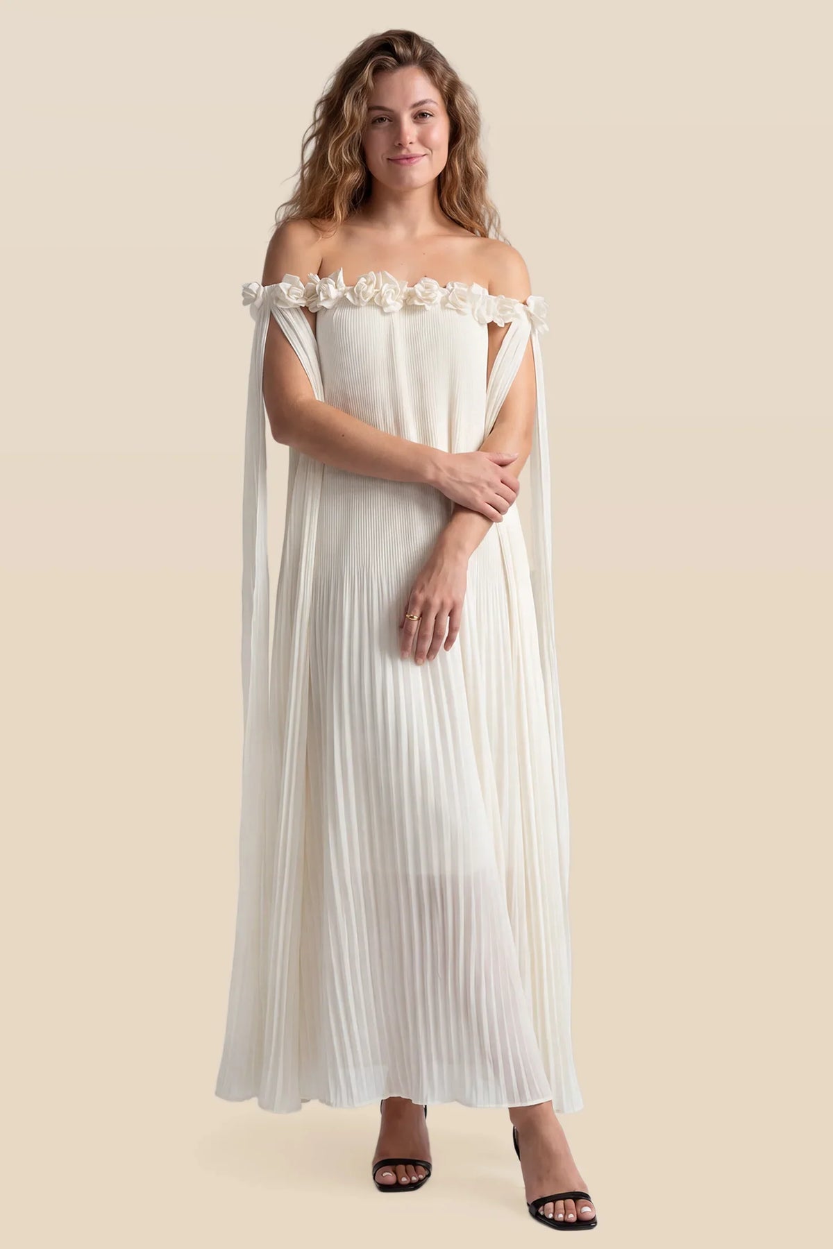 Blossom Pleated Off-Shoulder Maternity Gown with Rosette Trim