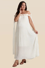 Blossom Pleated Off-Shoulder Maternity Gown with Rosette Trim