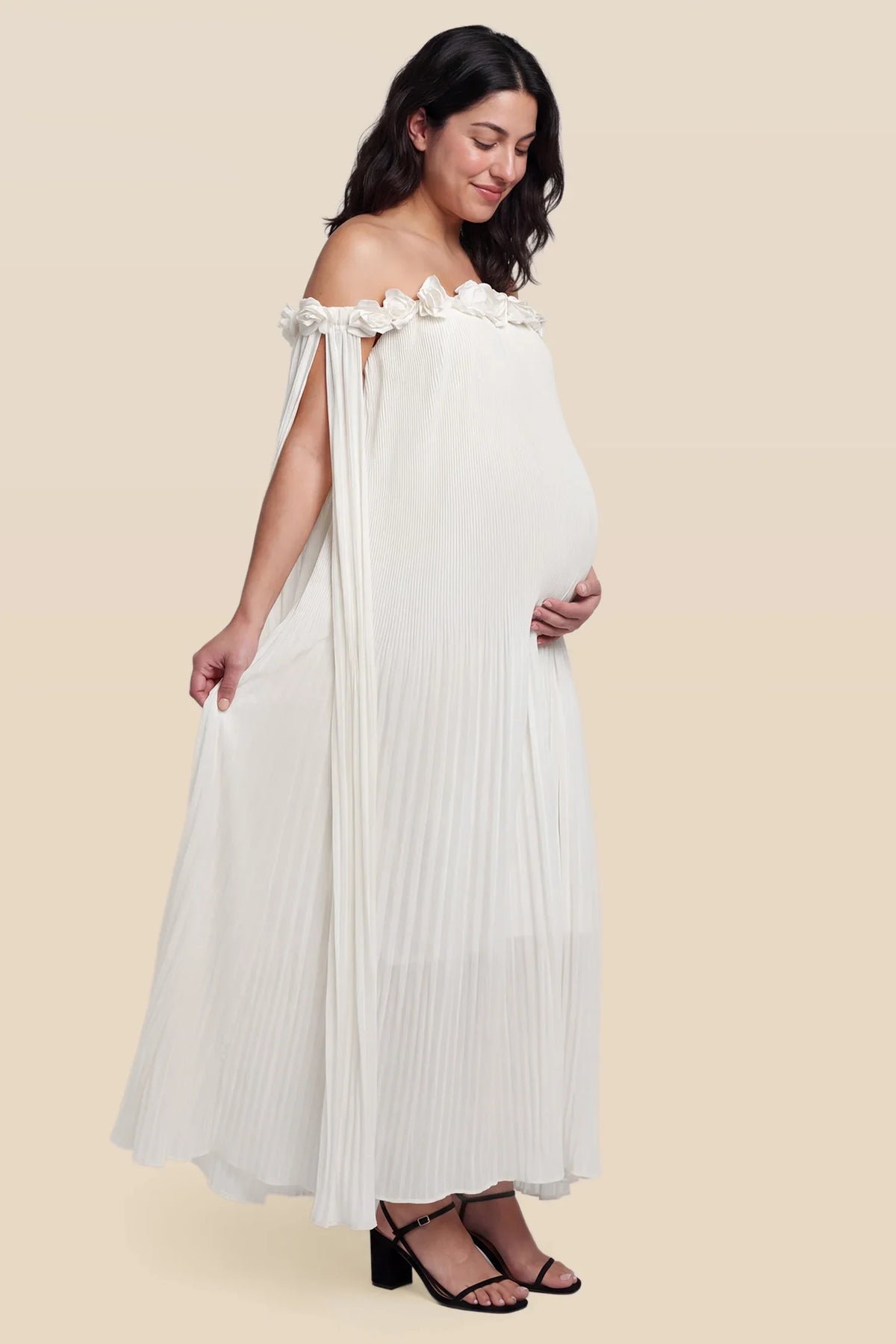 Blossom Pleated Off-Shoulder Maternity Gown with Rosette Trim
