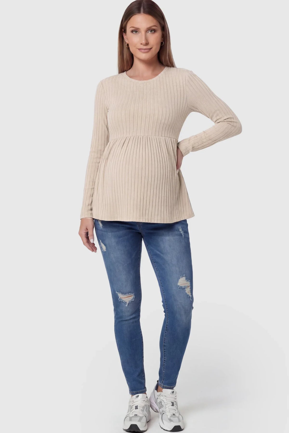 Ribbed Knit Long Sleeve Maternity Top with Empire Waist