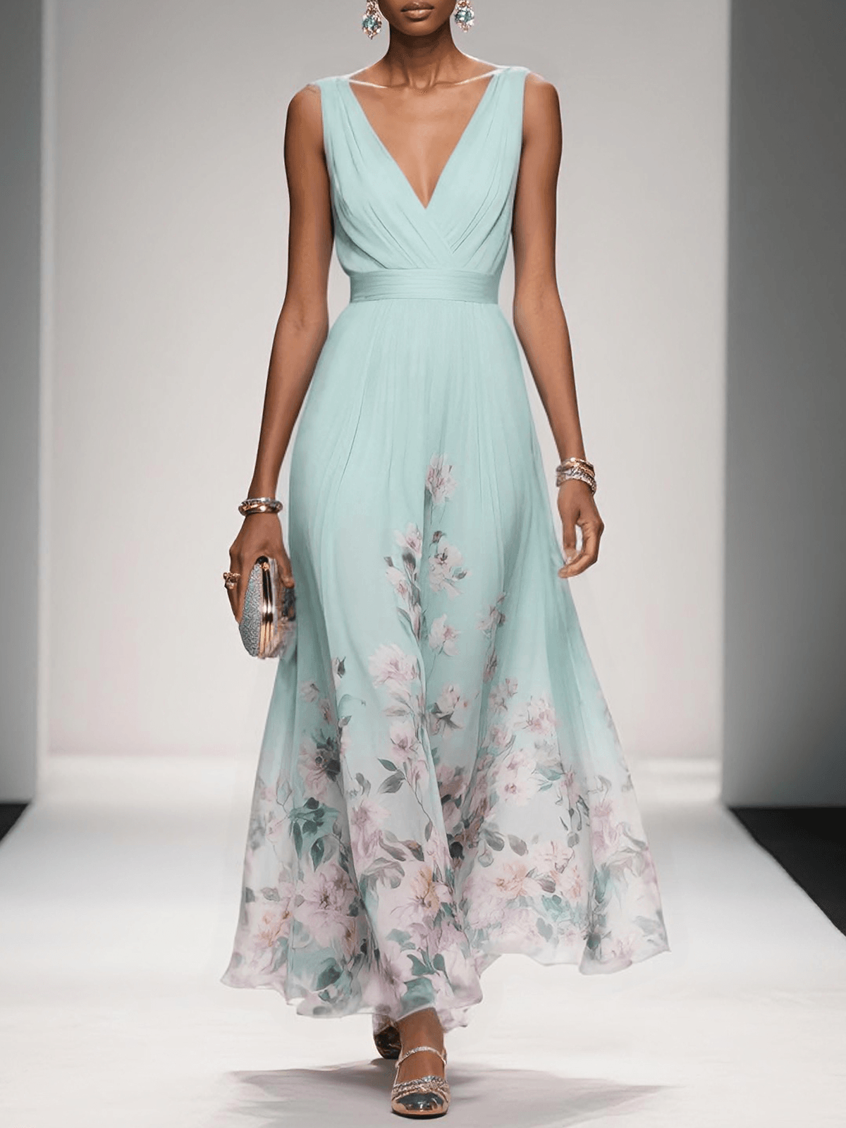 Half Moon Bay Floral V-Neck A-Line Wedding Guest Dress