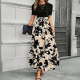 Botanical Print A-Line Maxi Dress with Short Sleeves