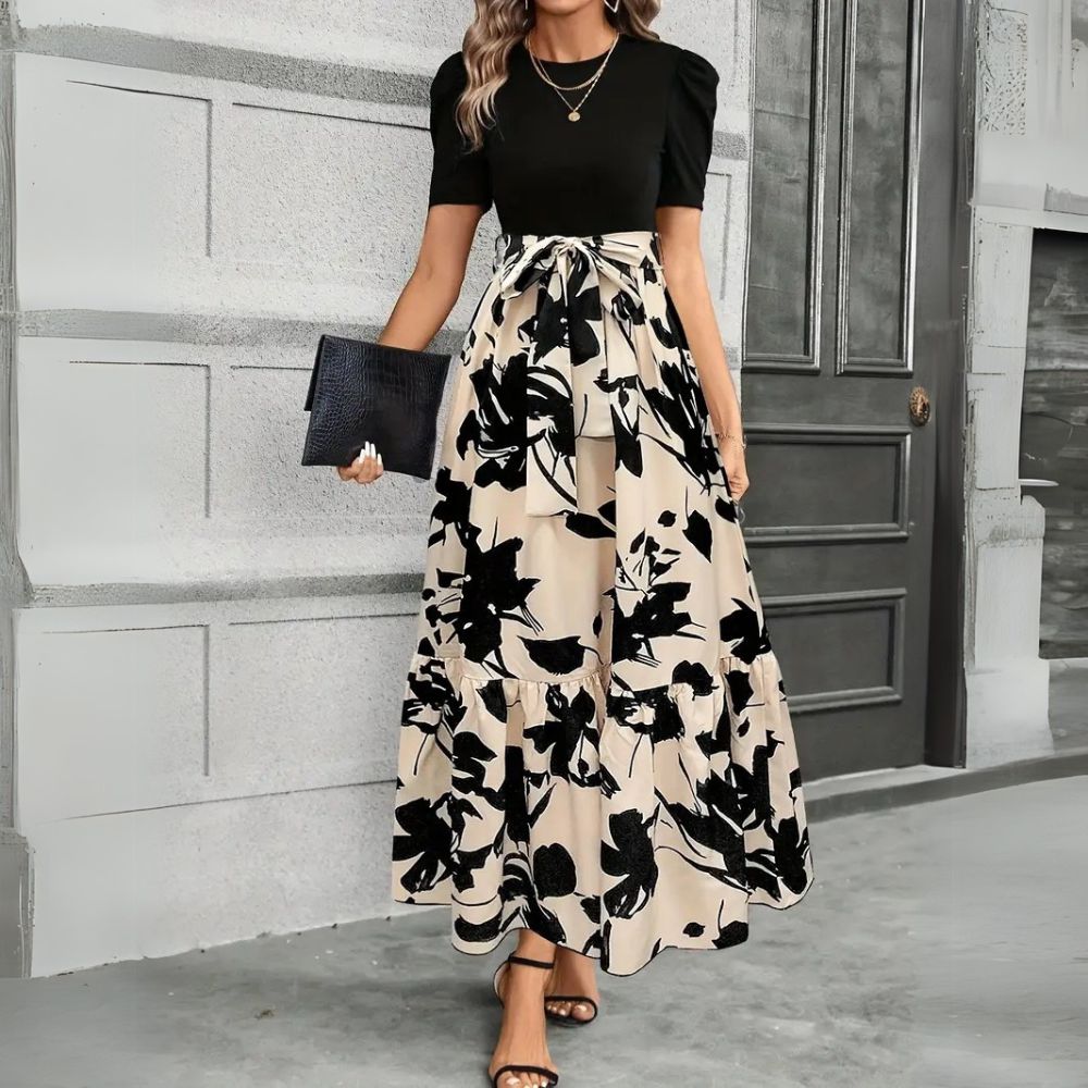 Botanical Print A-Line Maxi Dress with Short Sleeves