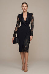 Sintra Lace-Sleeve Shawl Collar Blazer Midi Dress