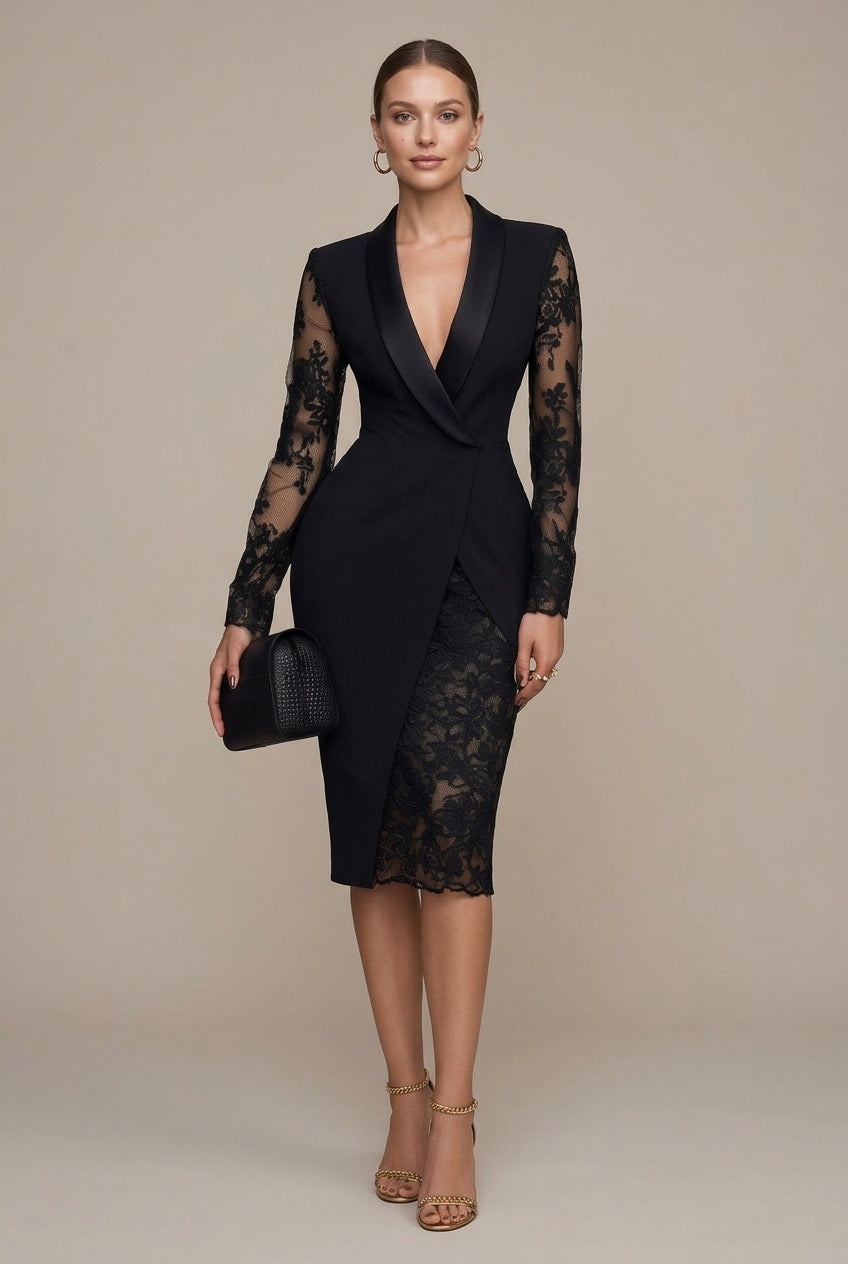 Sintra Lace-Sleeve Shawl Collar Blazer Midi Dress