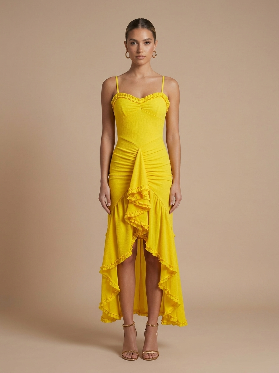 Madeira Ruched Ruffle Maxi Dress with Spaghetti Straps