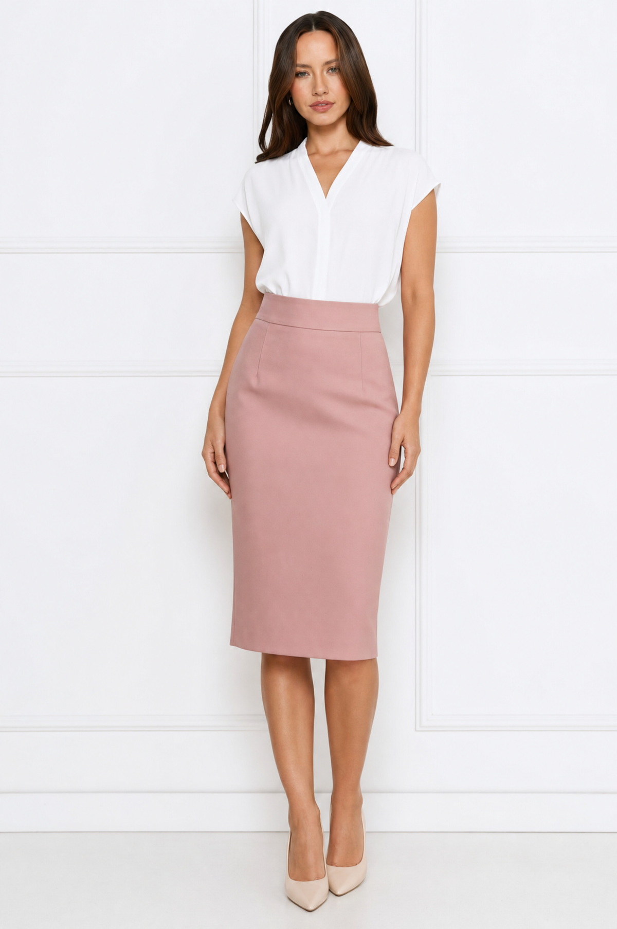Emma Pink high-waisted midi pencil skirt front hero