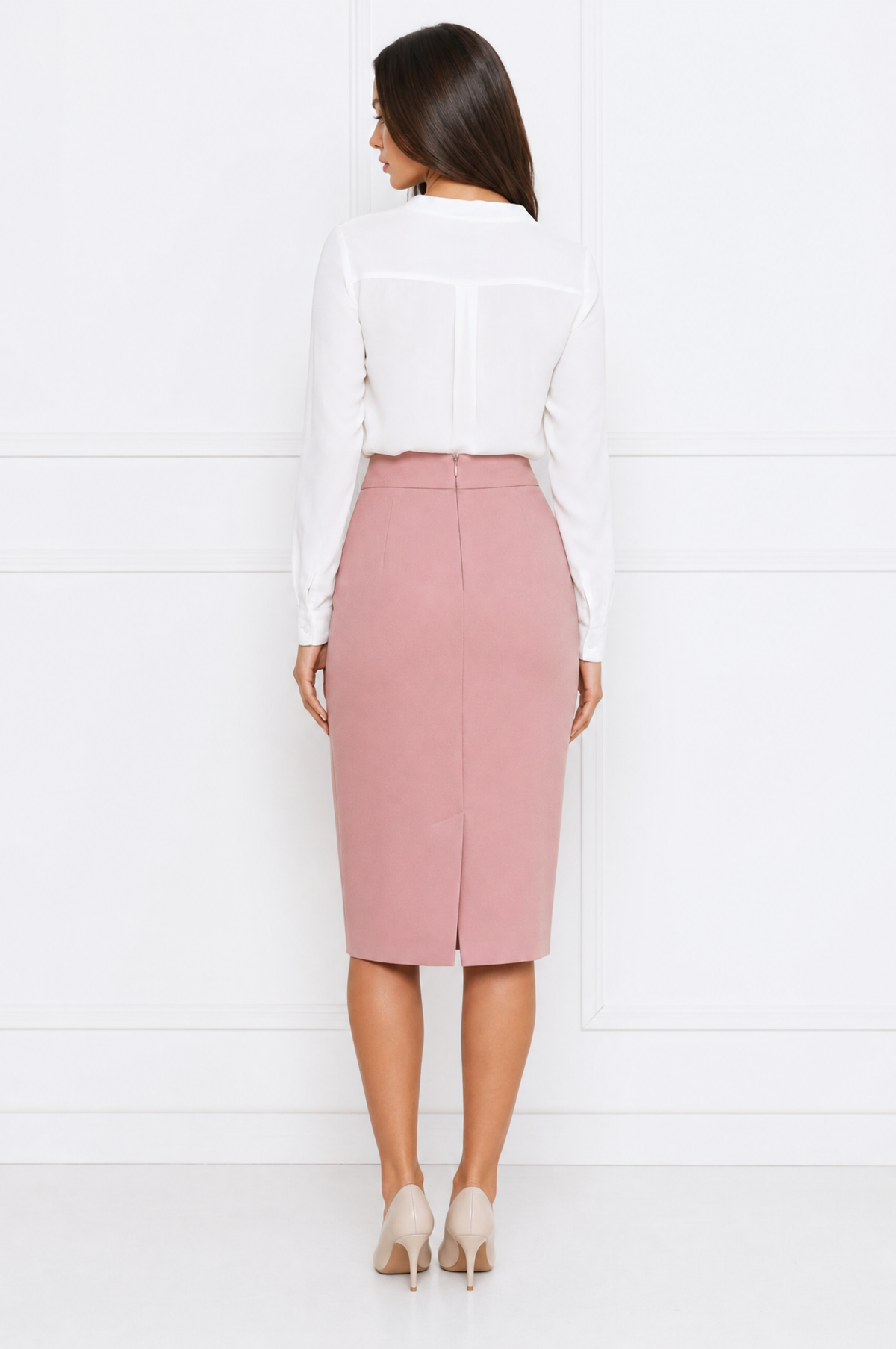 Emma Pink high-waisted midi pencil skirt back view