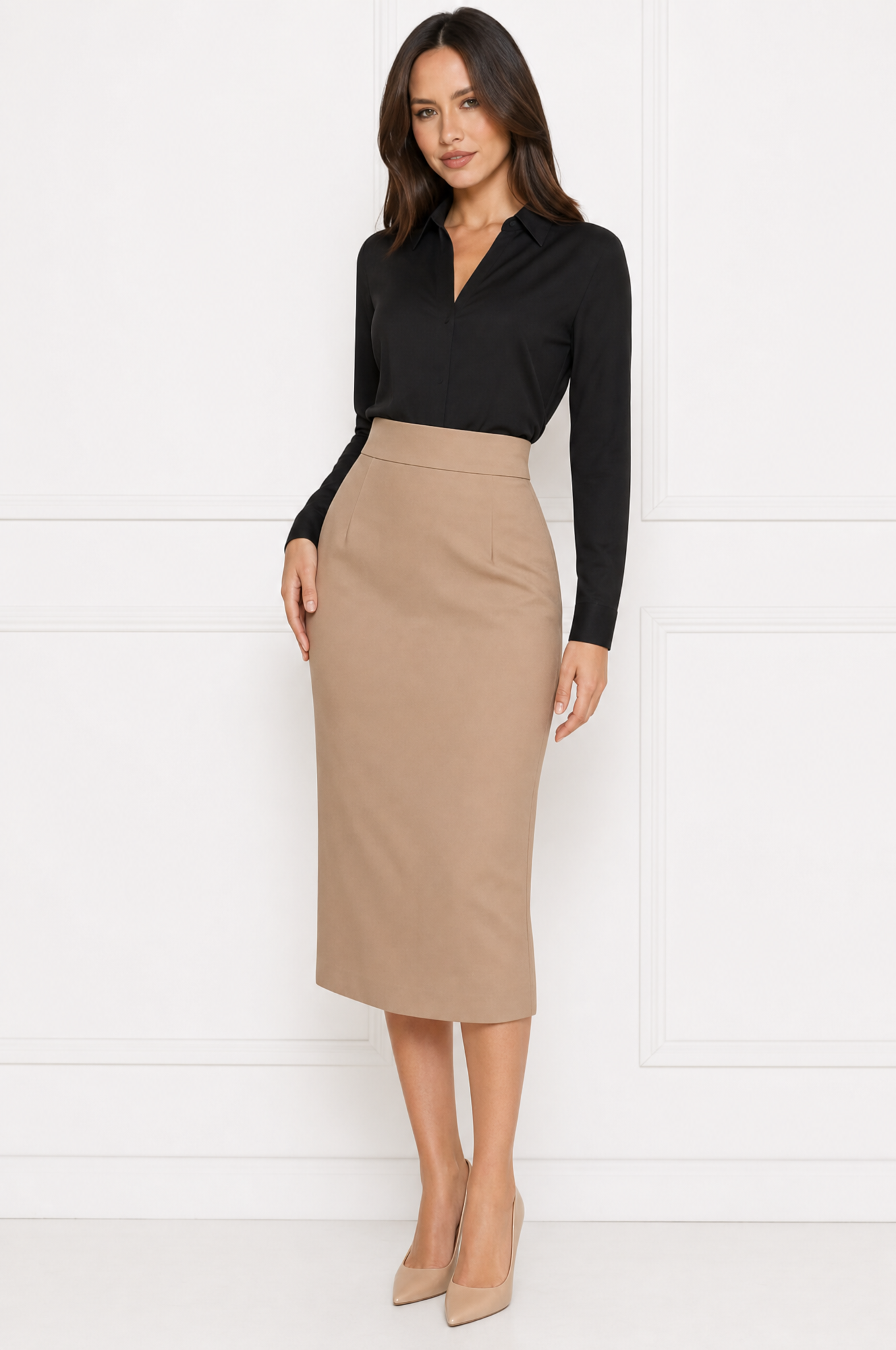 Emma Khaki high-waisted midi pencil skirt front hero