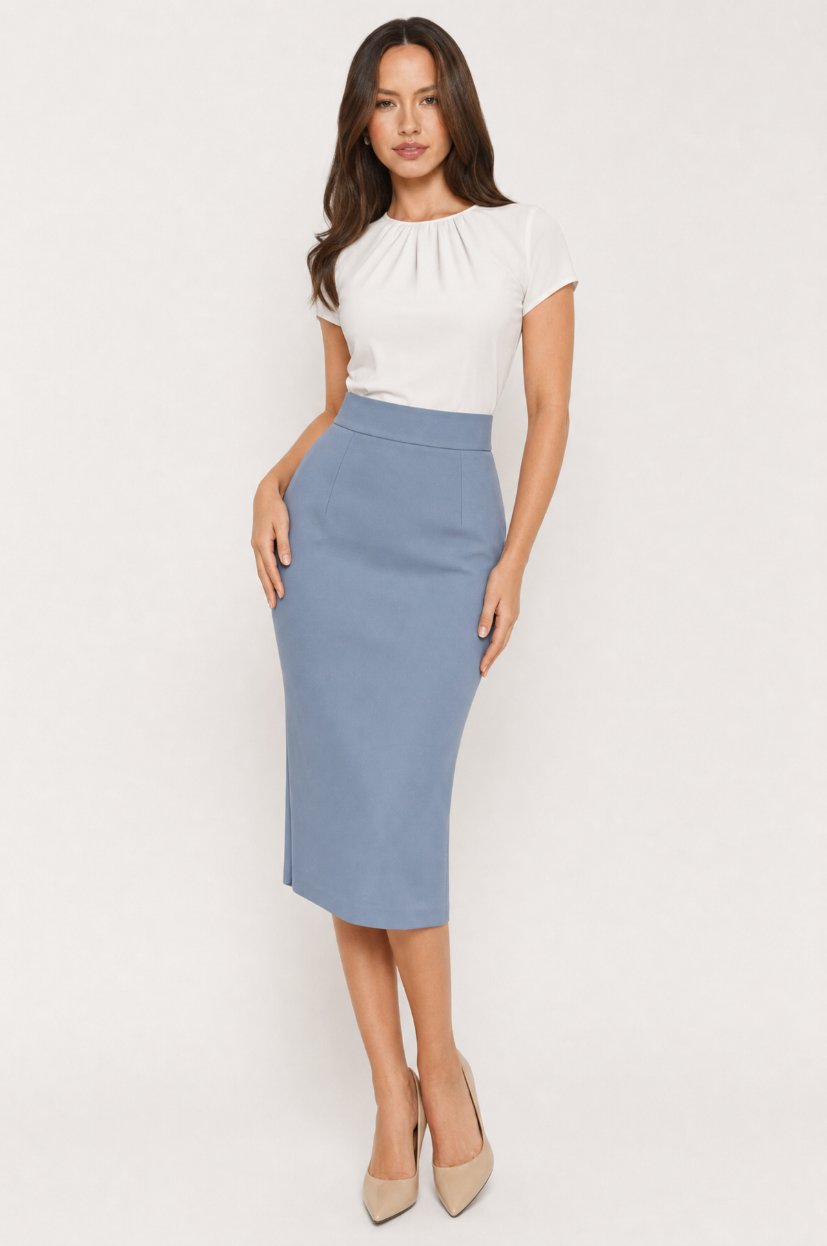 Emma Blue high-waisted midi pencil skirt front hero