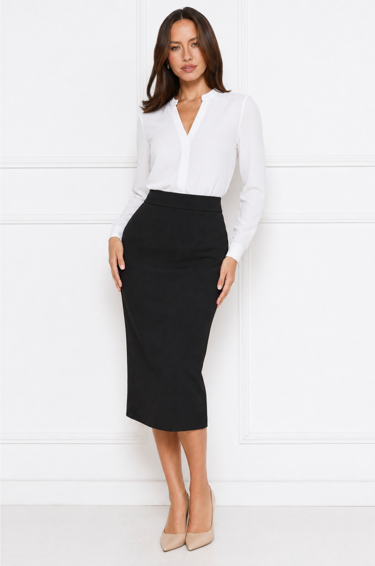 Emma Black high-waisted midi pencil skirt front hero