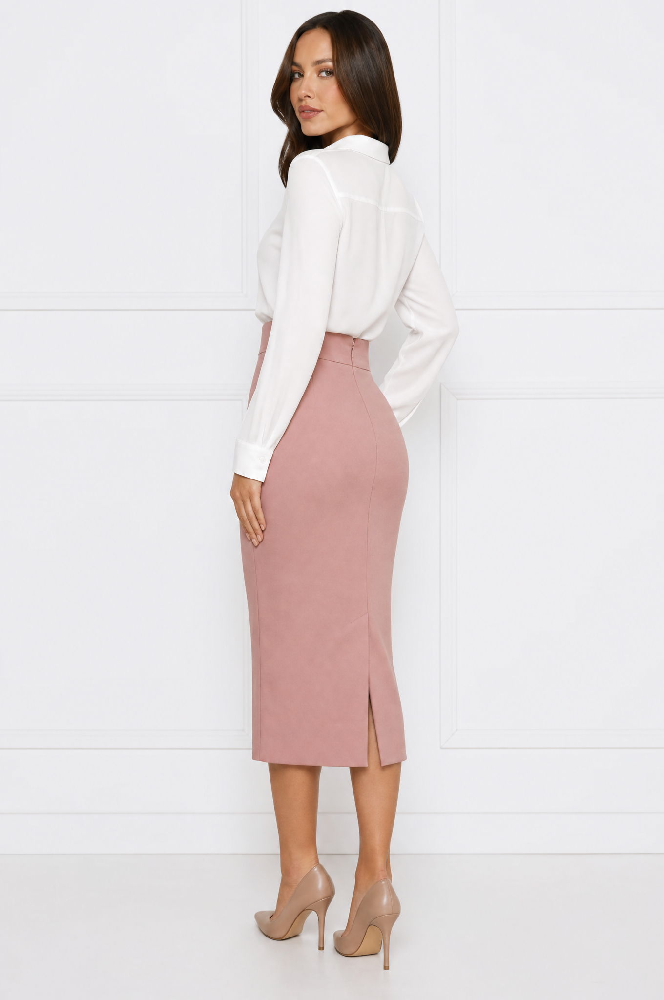 Emma Pink high-waisted midi pencil skirt rear three-quarter