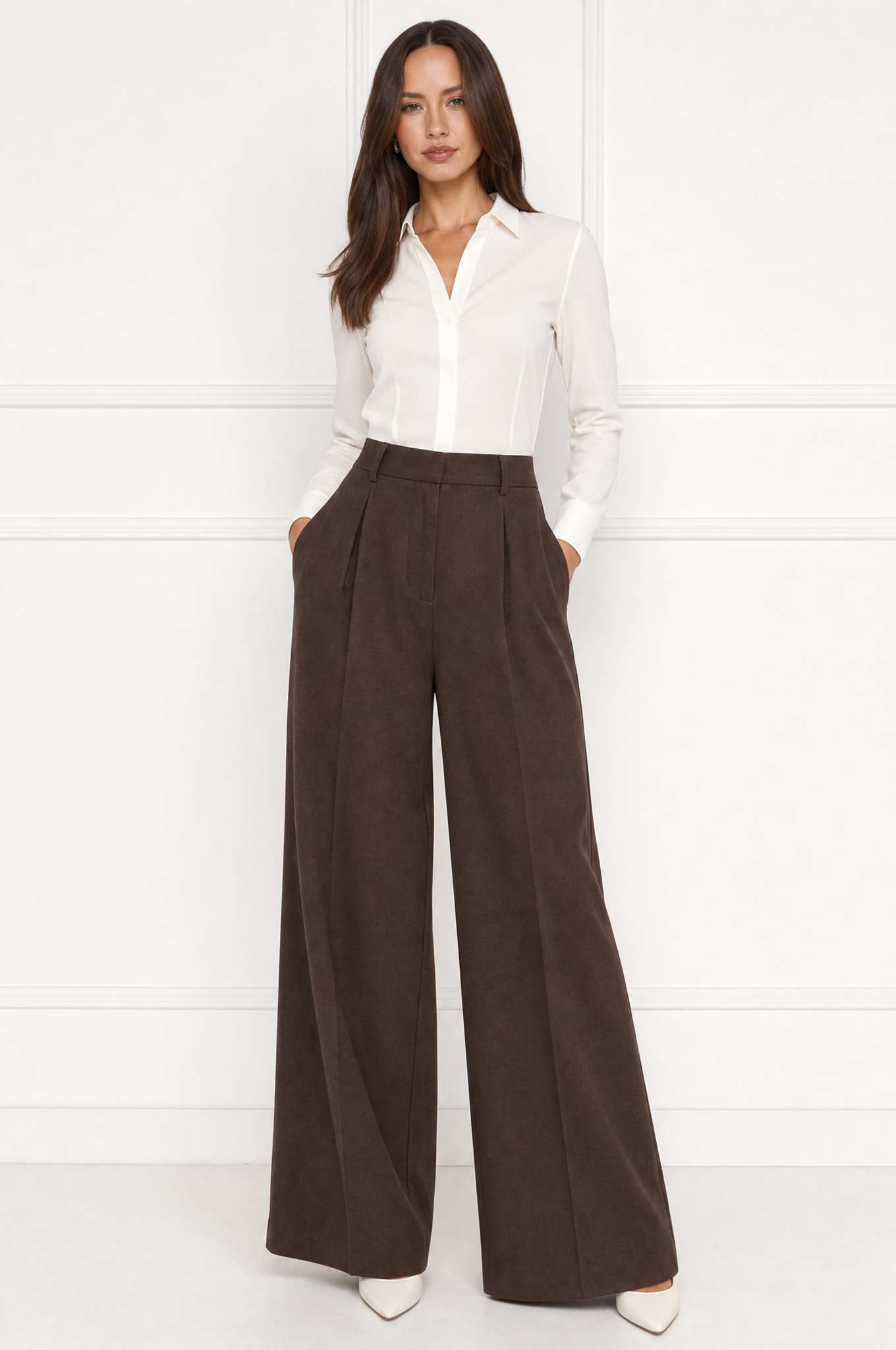 Mia Coffee high-rise wide-leg trousers front hero