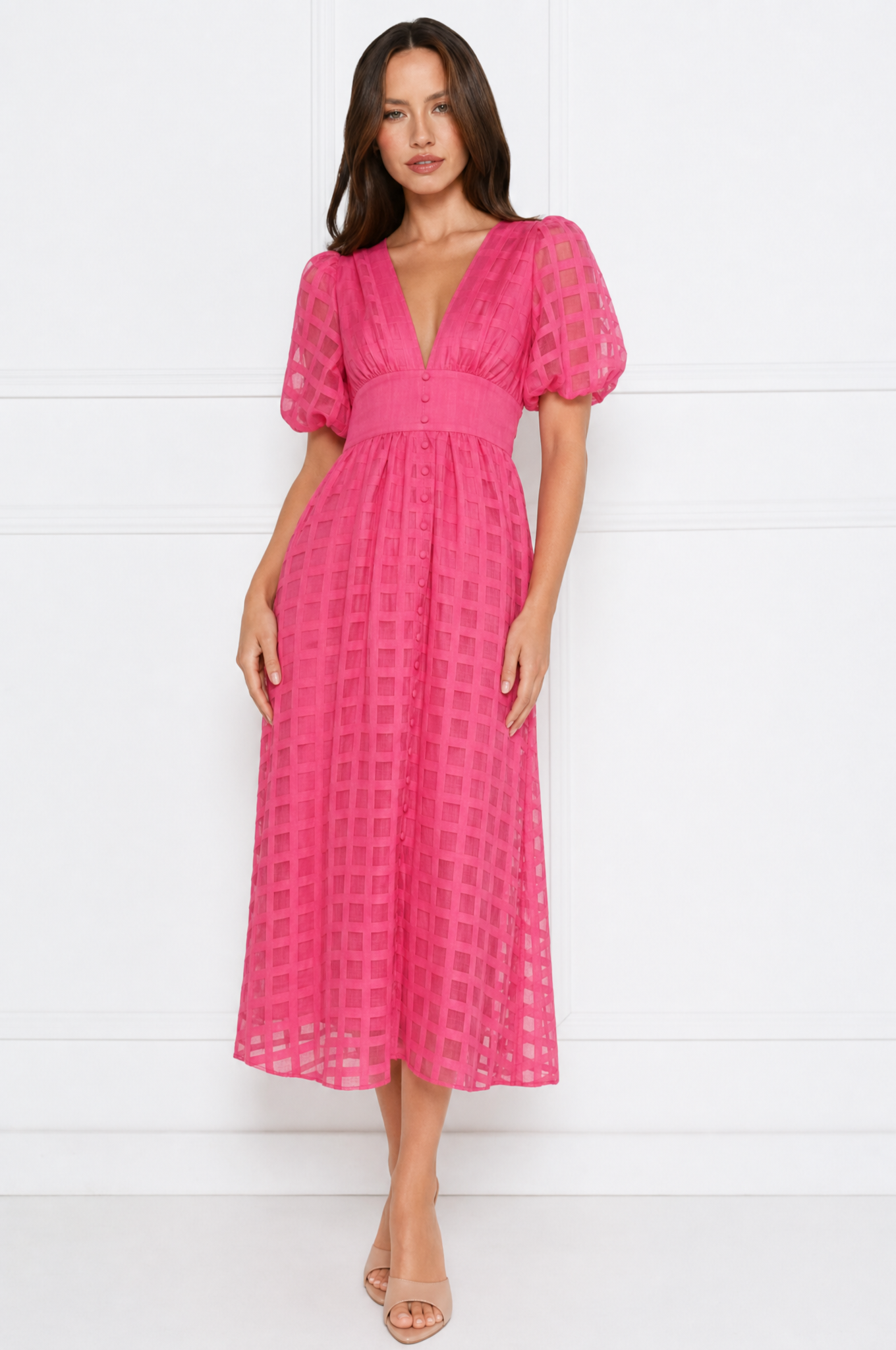 Emily elegant airy lace midi dress with V-neck and puff sleeves – product photo 4