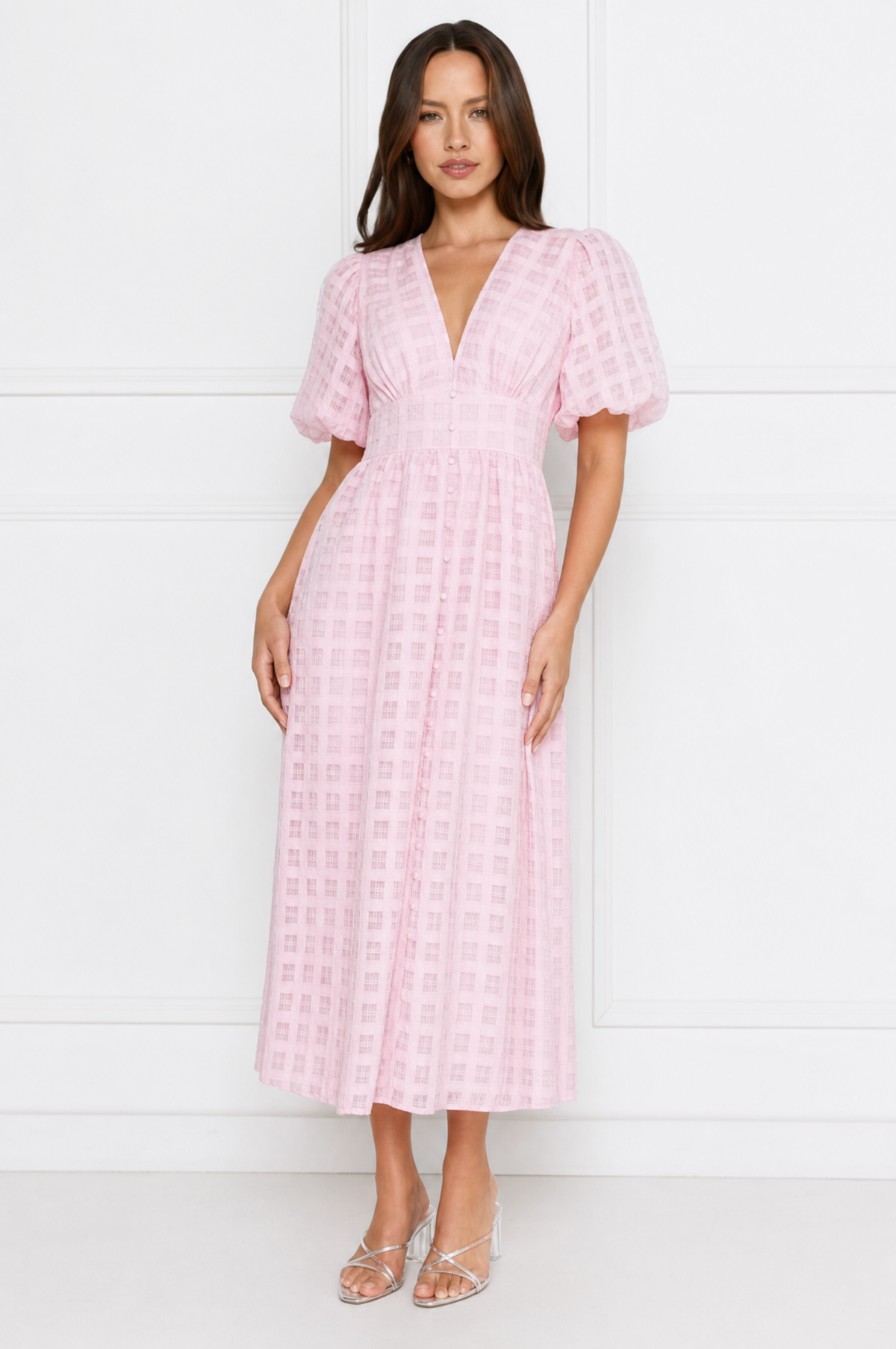 Emily elegant airy lace midi dress with V-neck and puff sleeves – product photo 11